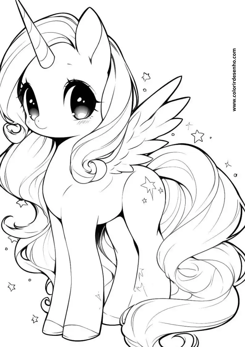 unicorn has long flowing mane and tail wearing wings standing in starry sky