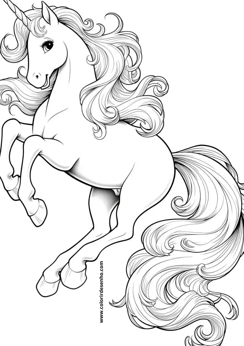 unicorn rearing up in elegant pose mane flowing tail swishing detailed lines highlight form