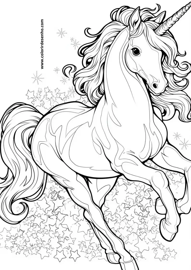 unicorn rearing up on its hind legs in a snowy landscape filled with stars