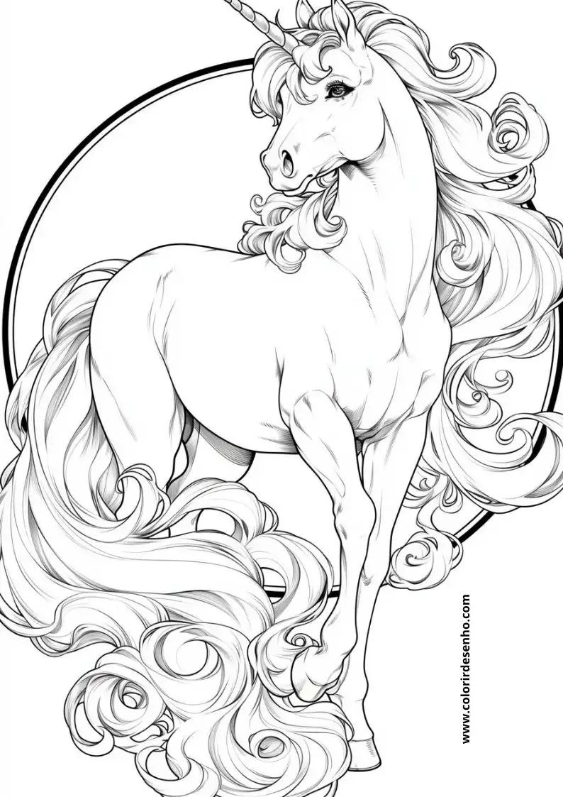 unicorn standing gracefully mane flowing hooves visible circular frame around it