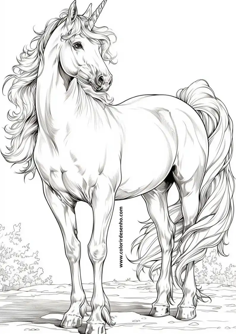 unicorn standing in a field with trees behind it