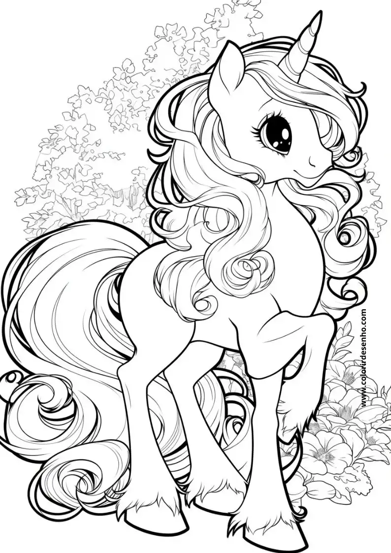 unicorn standing in a garden wearing a striped skirt and holding a flower