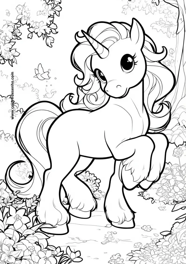 unicorn standing in a garden with flowers and butterflies around it