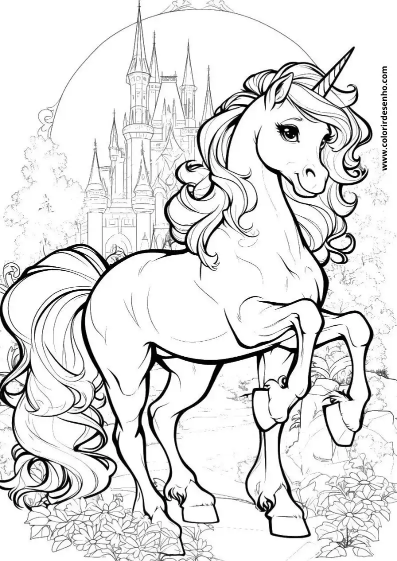 unicorn standing in front of a castle