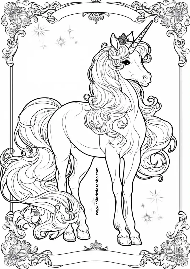 unicorn standing in ornate frame wearing crown surrounded by sparkles and flowers