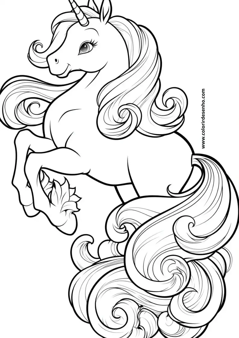 unicorn standing on hind legs holding a flower in its mouth long flowing mane
