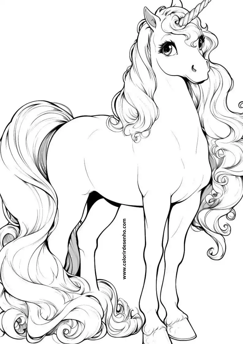 unicorn standing upright mane flowing tail swishing behind detailed