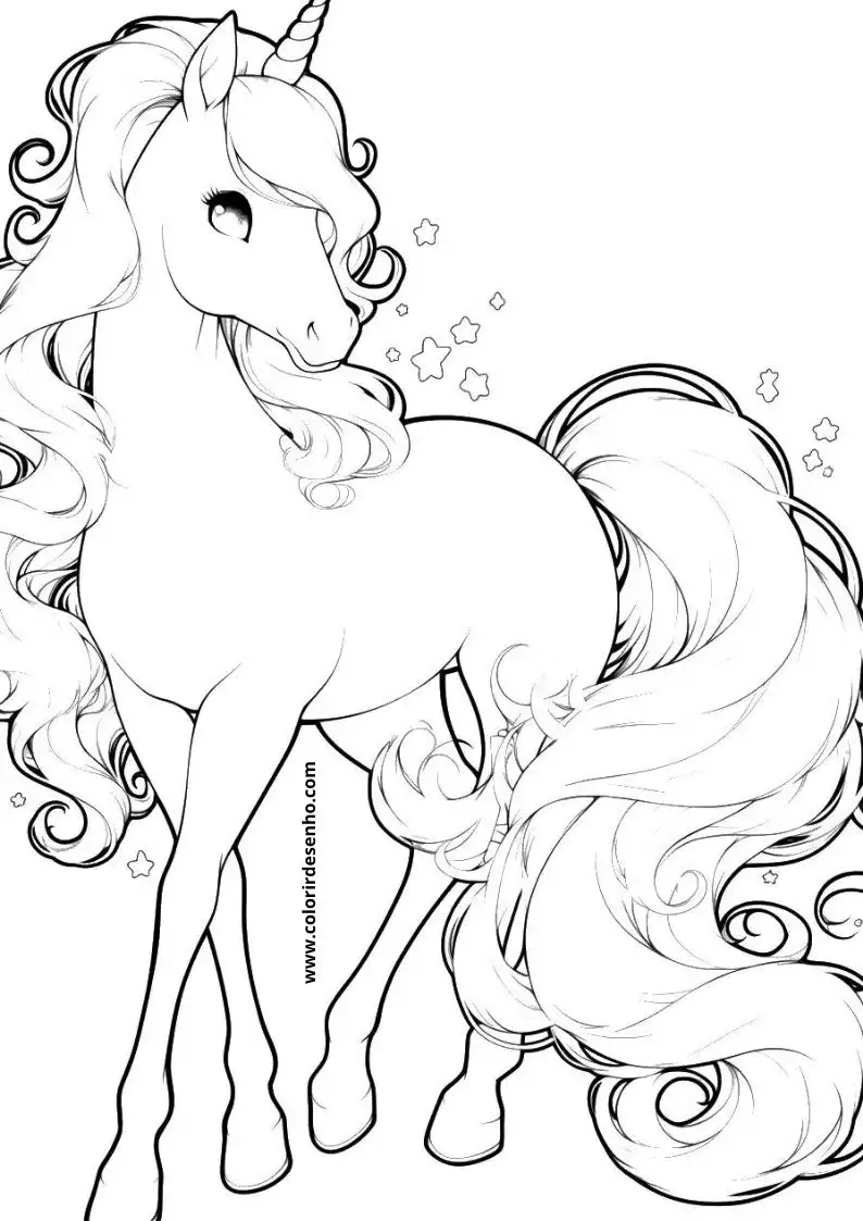 unicorn standing with long flowing mane and tail stars around it