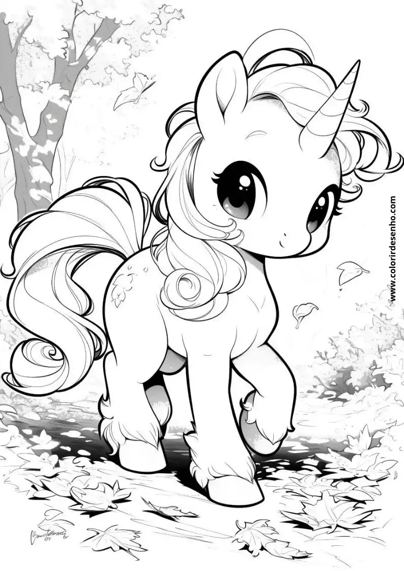 unicorn walking in forest with leaves on ground