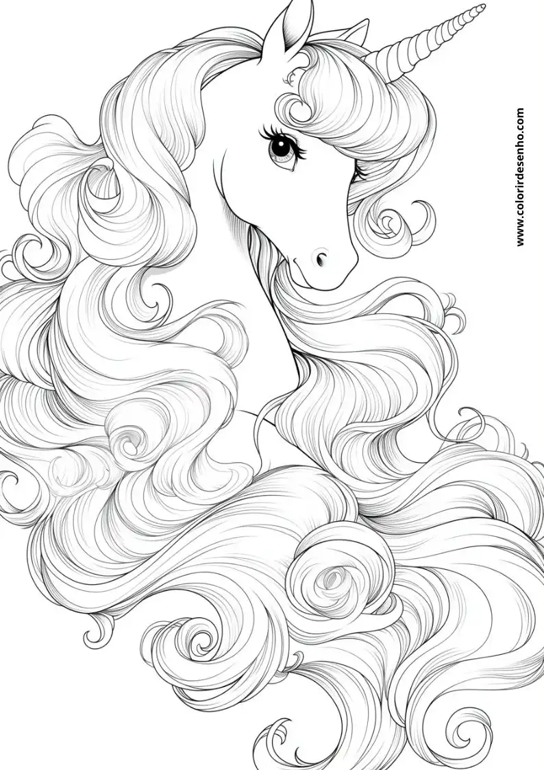 unicorn with long flowing mane and tail wearing horn on head looking to side