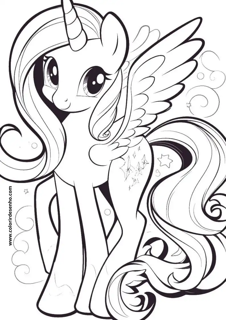 unicorn with wings and tail smiling standing on clouds