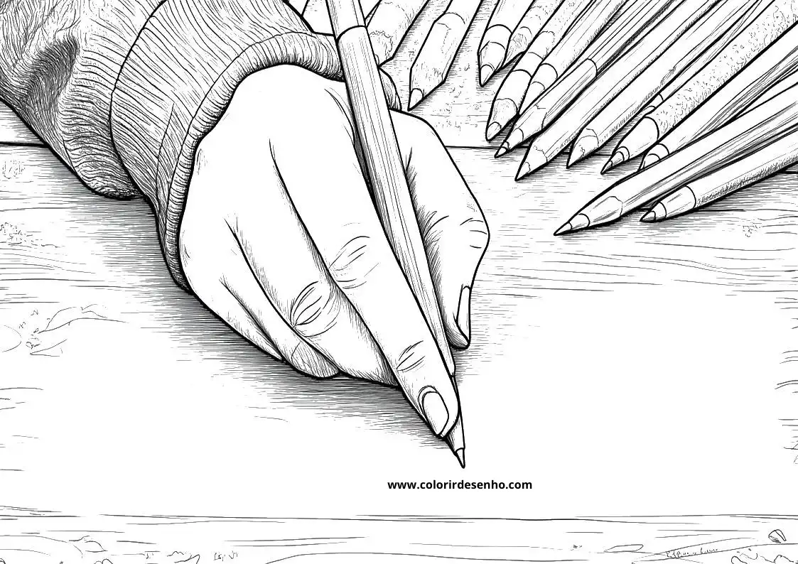 hand holding pencil near crayons on table
