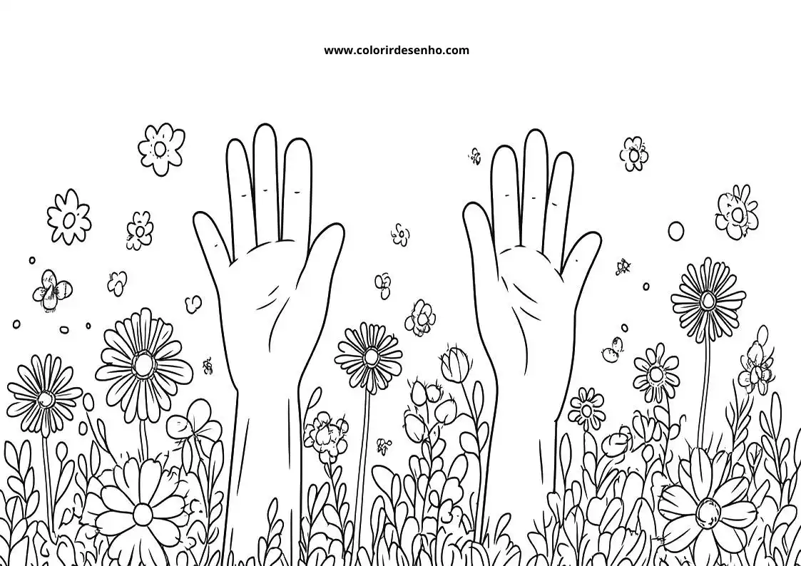 hands reaching towards flowers in a garden setting