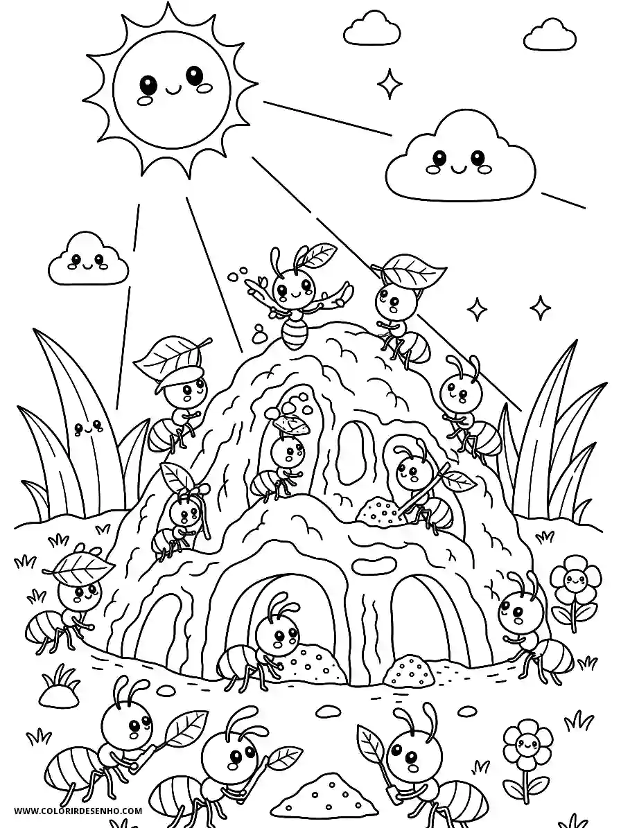 Ant Coloring Pages (136+ Free Printables) 116 Adorable ant colony kawaii style working together to build an anthill