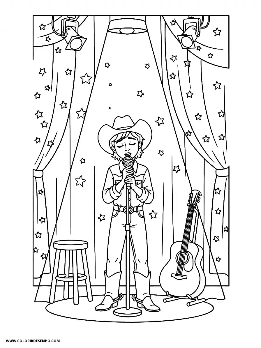 Country Music Animation Style Emotional Singer Delivering a Ballad on Stage with a Spotlight Coloring Page