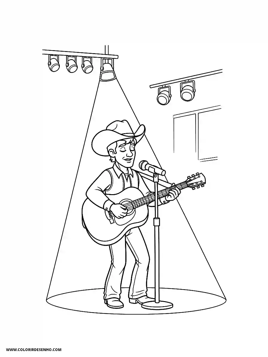 Country Music Animation Style Emotional Singer Performing a Ballad on Stage with a Spotlight Coloring Page