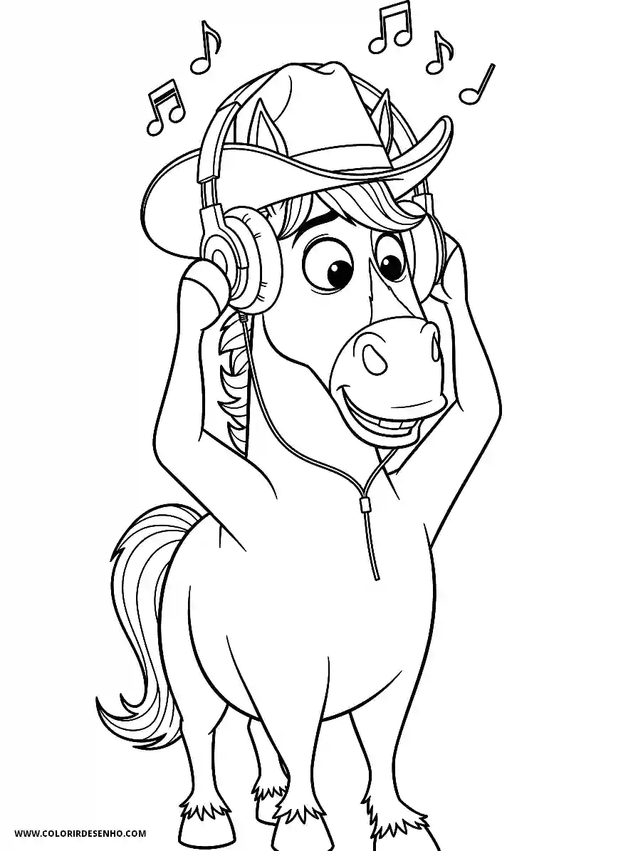 Country Music Animation Style Funny Horse Wearing a Cowboy Hat Listening to Music Coloring Sheet