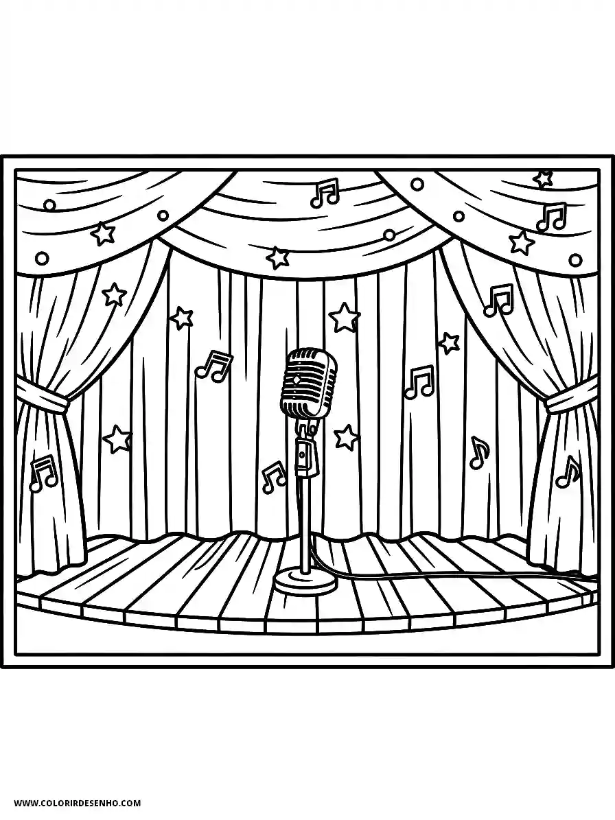 Country Music Cartoon Style Cute Grand Ole Opry Style Stage with Microphone and Curtain Background Coloring Sheet