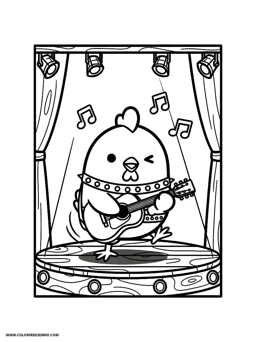 Cute Kawaii Style Chicken Playing Small Acoustic Guitar On Stage Coloring Page