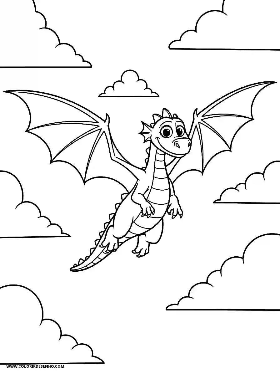 Dragon Coloring Pages (252+ Free Printables) 227 Dragon 3D Animation Style Flying Through Clouds With Wings Spread Wide Coloring Page