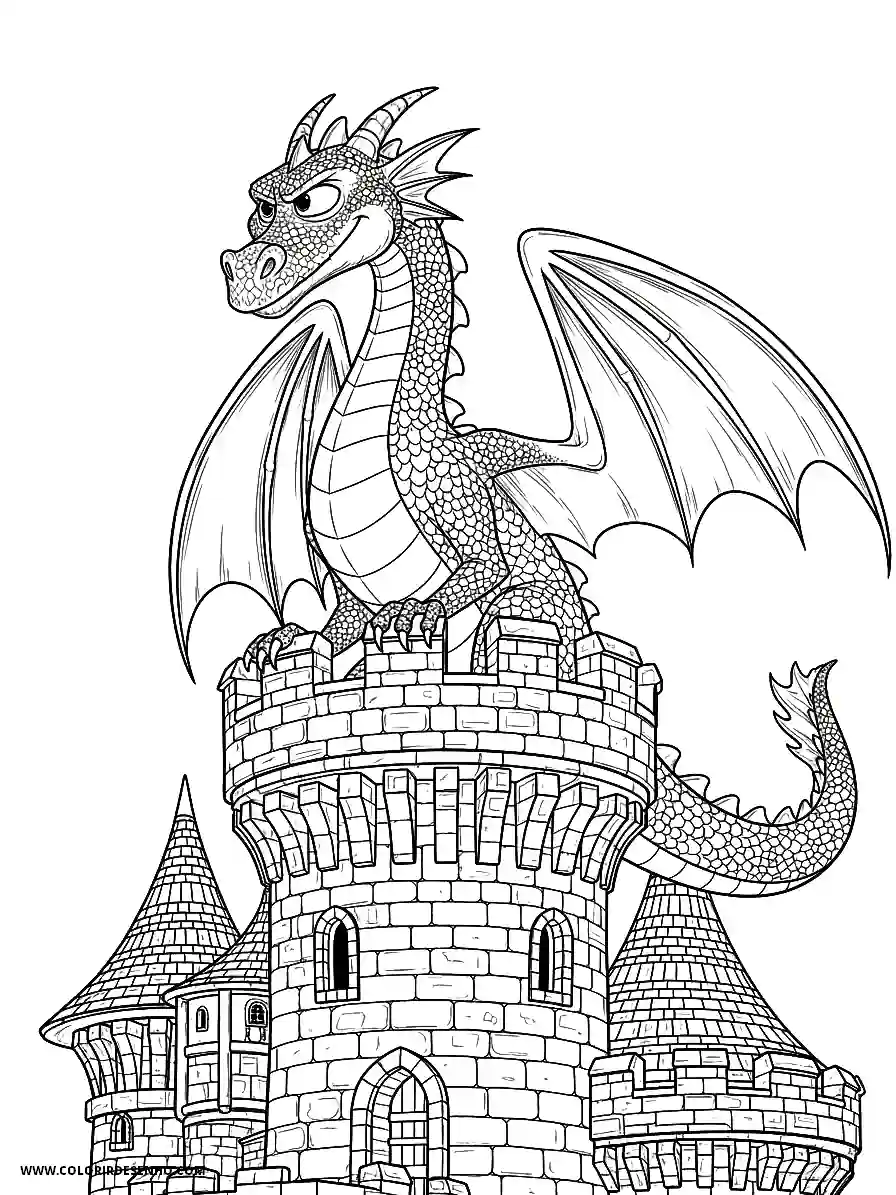 Dragon Coloring Pages (252+ Free Printables) 229 Dragon 3D Animation Style Perched on a Castle Tower Looking Determined Coloring Sheet