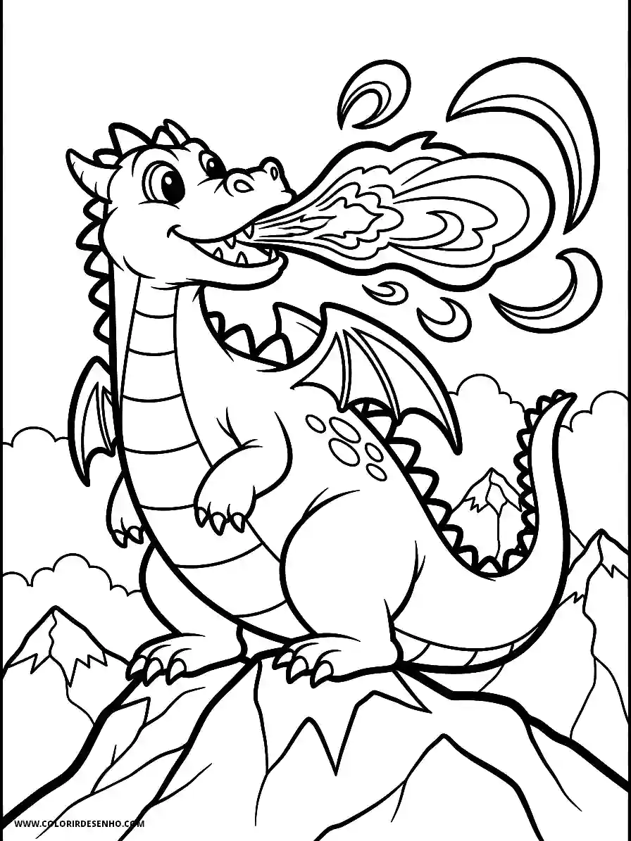 Dragon Coloring Pages (252+ Free Printables) 236 Dragon Cartoon Style Breathing Fire While Standing on a Mountain Peak Coloring Page