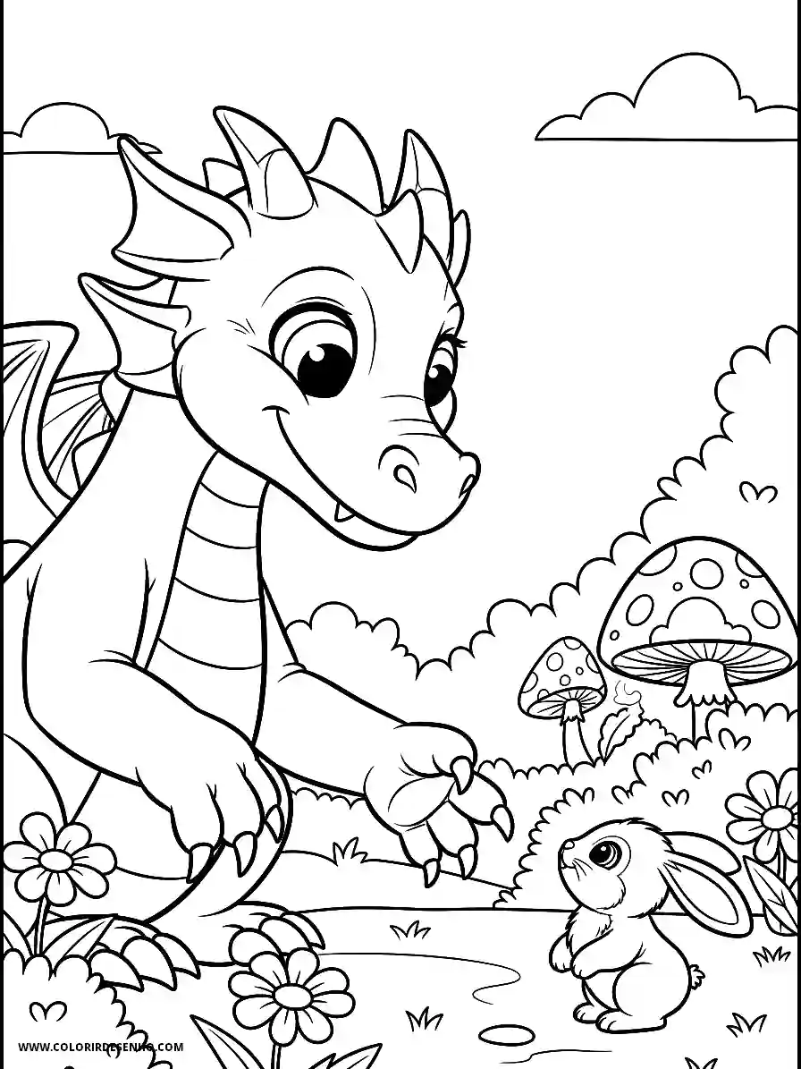 Dragon Coloring Pages (252+ Free Printables) 237 Dragon Cartoon Style Making Friends With a Small Bunny in a Garden Coloring Sheet Cute
