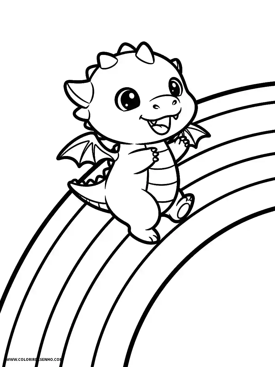 Dragon Coloring Pages (252+ Free Printables) 242 Dragon Chibi Style Riding on a Rainbow With an Excited Face Coloring Page
