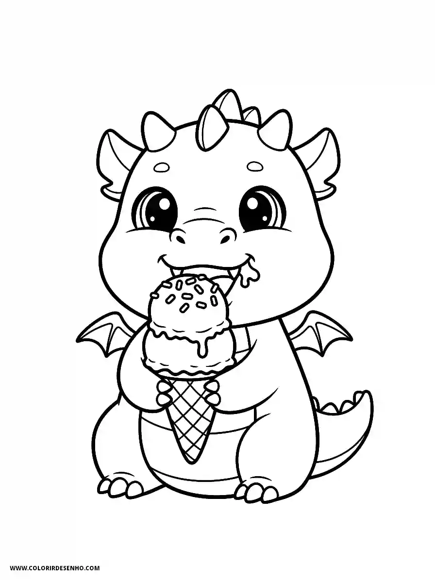 Dragon Coloring Pages (252+ Free Printables) 244 Dragon Kawaii Style Eating an Ice Cream Cone With Joy Coloring Page