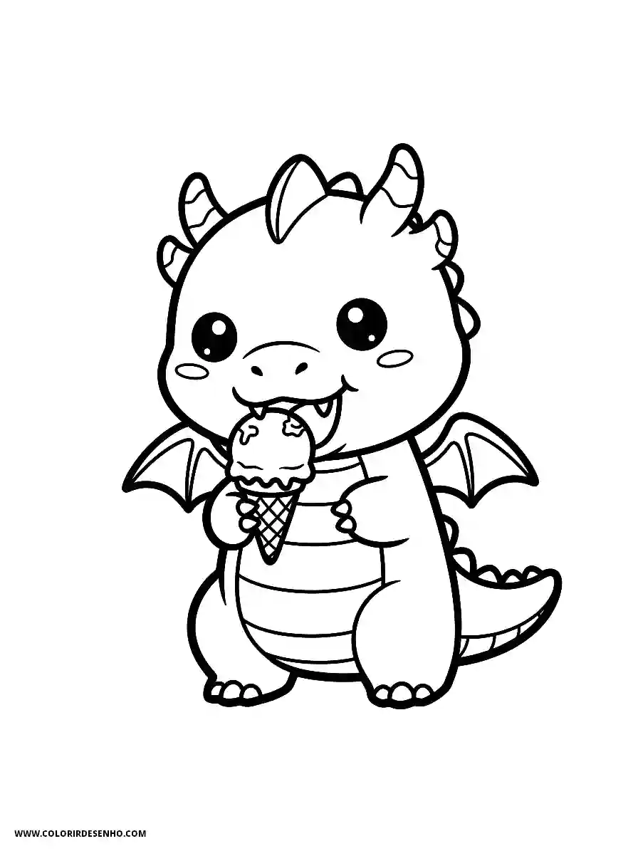 Dragon Coloring Pages (252+ Free Printables) 245 Dragon Kawaii Style Enjoying an Ice Cream Treat With Happiness Coloring Sheet