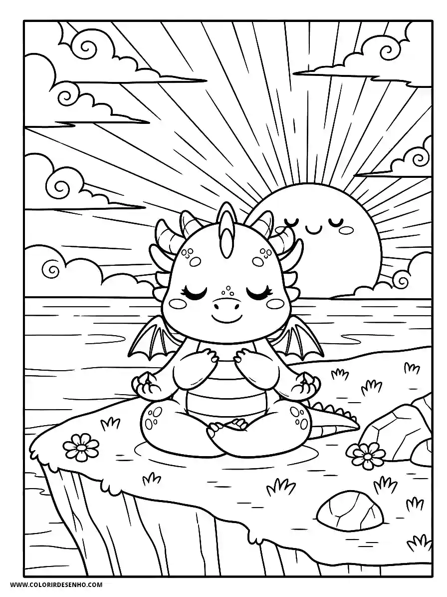 Dragon Coloring Pages (252+ Free Printables) 246 Dragon Kawaii Style Meditating Peacefully on a Cliff at Sunset Coloring Page