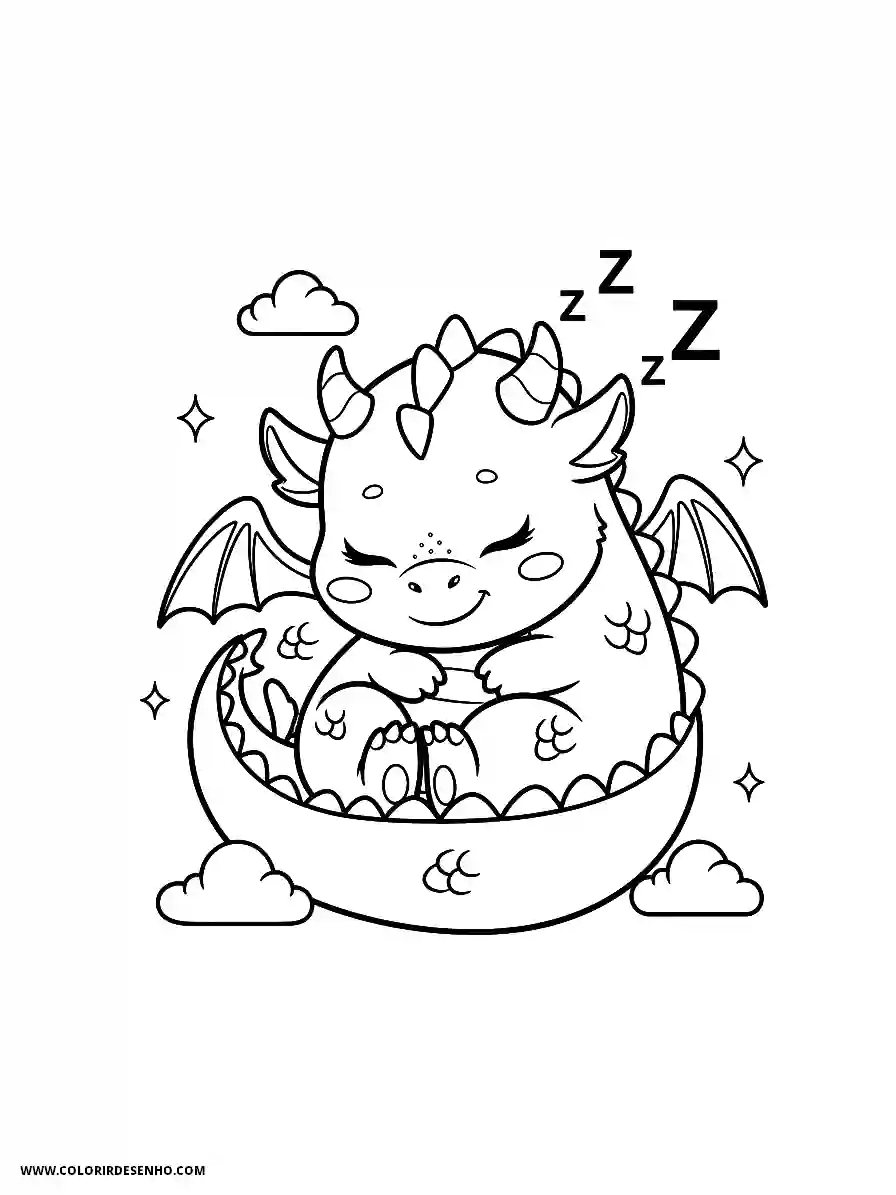 Dragon Coloring Pages (252+ Free Printables) 248 Dragon Kawaii Style Sleeping Curled Up With a Tiny Smile Coloring Page Adorable