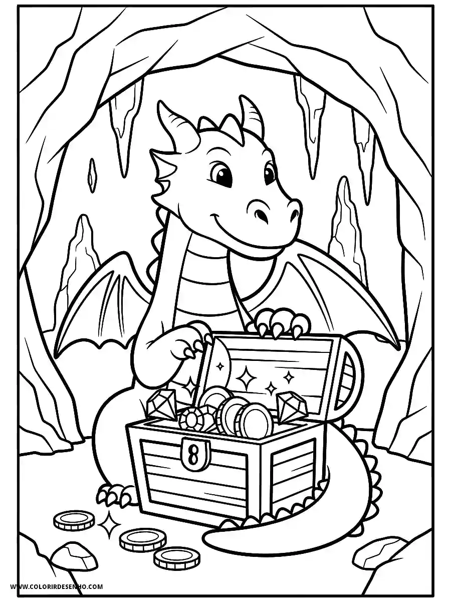 Dragon Coloring Pages (252+ Free Printables) 249 Dragon Line Art Style Guarding a Treasure Chest in a Cave Coloring Page