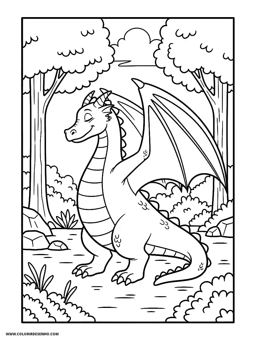 Dragon Coloring Pages (252+ Free Printables) 250 Dragon Line Art Style Stretching Wings After Waking Up in a Forest Coloring Sheet