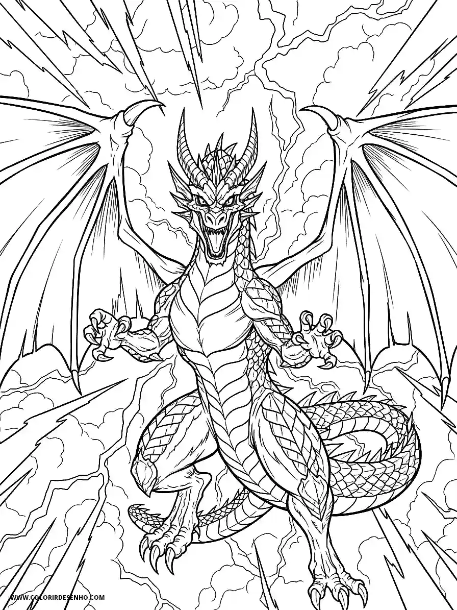 Dragon Coloring Pages (252+ Free Printables) 251 Dragon Manga Style Battling Stance With Lightning in the Background Coloring Page