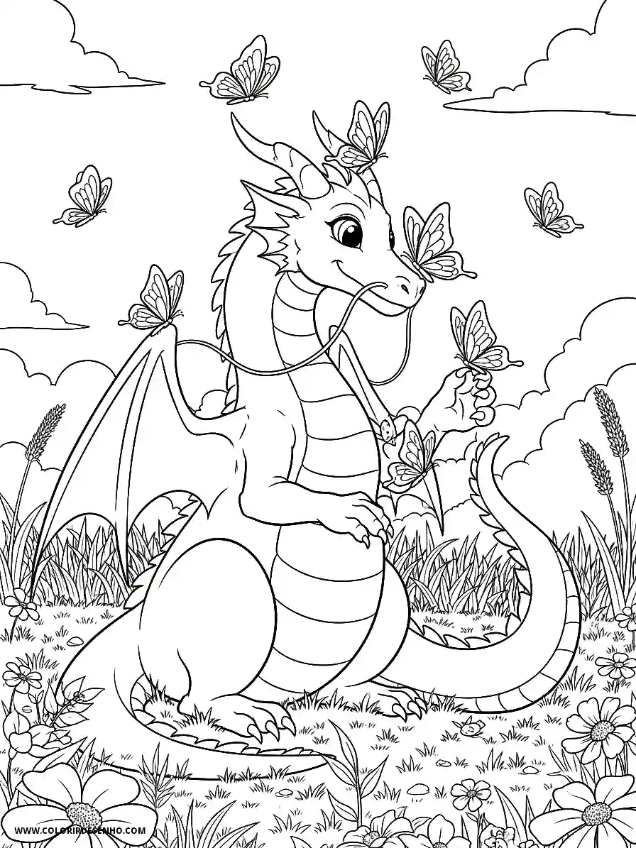 Dragon Coloring Pages (252+ Free Printables) 252 Dragon Manga Style Playing With Butterflies in a Meadow Coloring Sheet