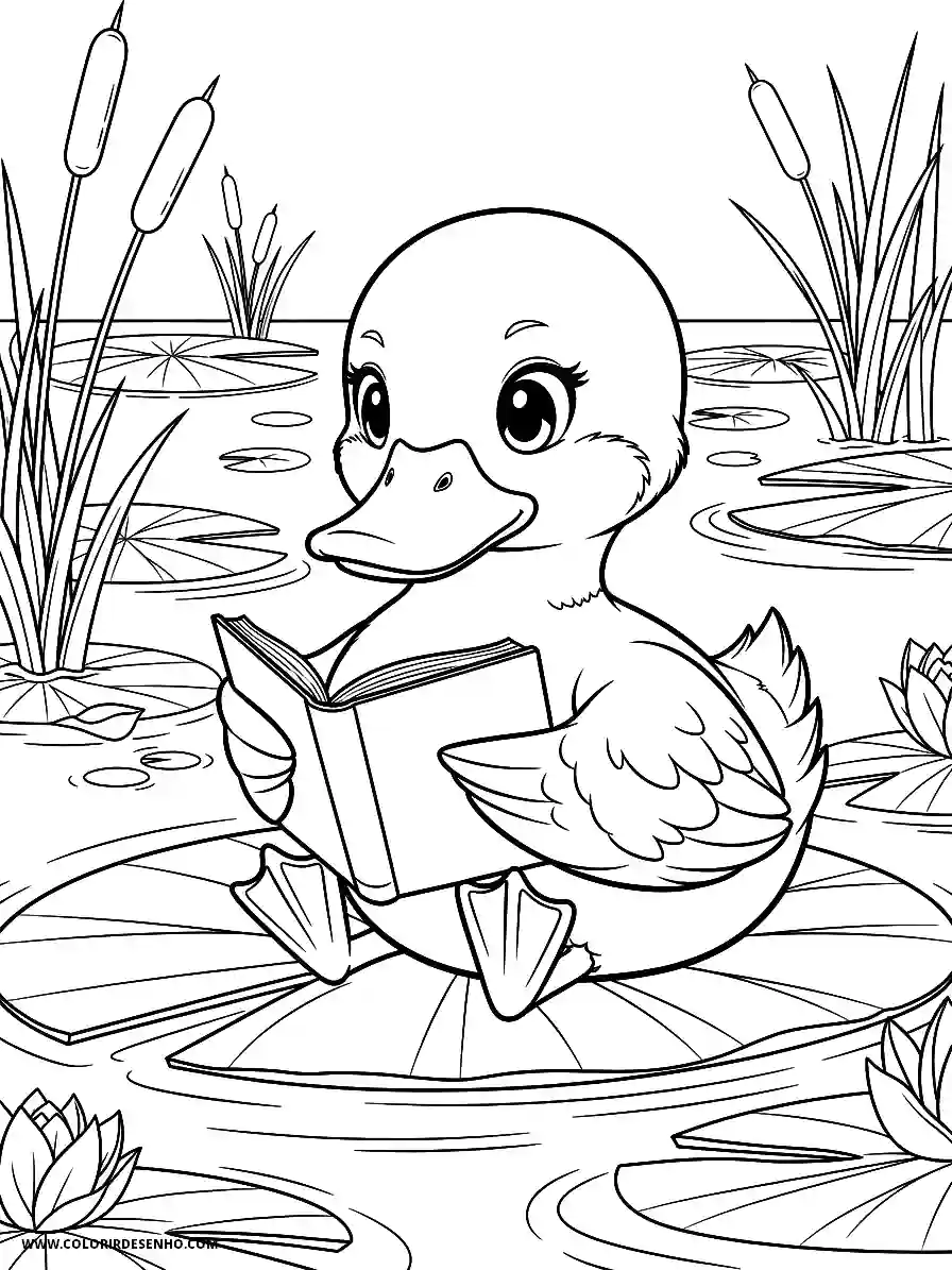Duck Coloring Pages (179+ Free Printables) 164 Duck Anime Style Sitting on a Lily Pad Reading a Book Coloring Sheet