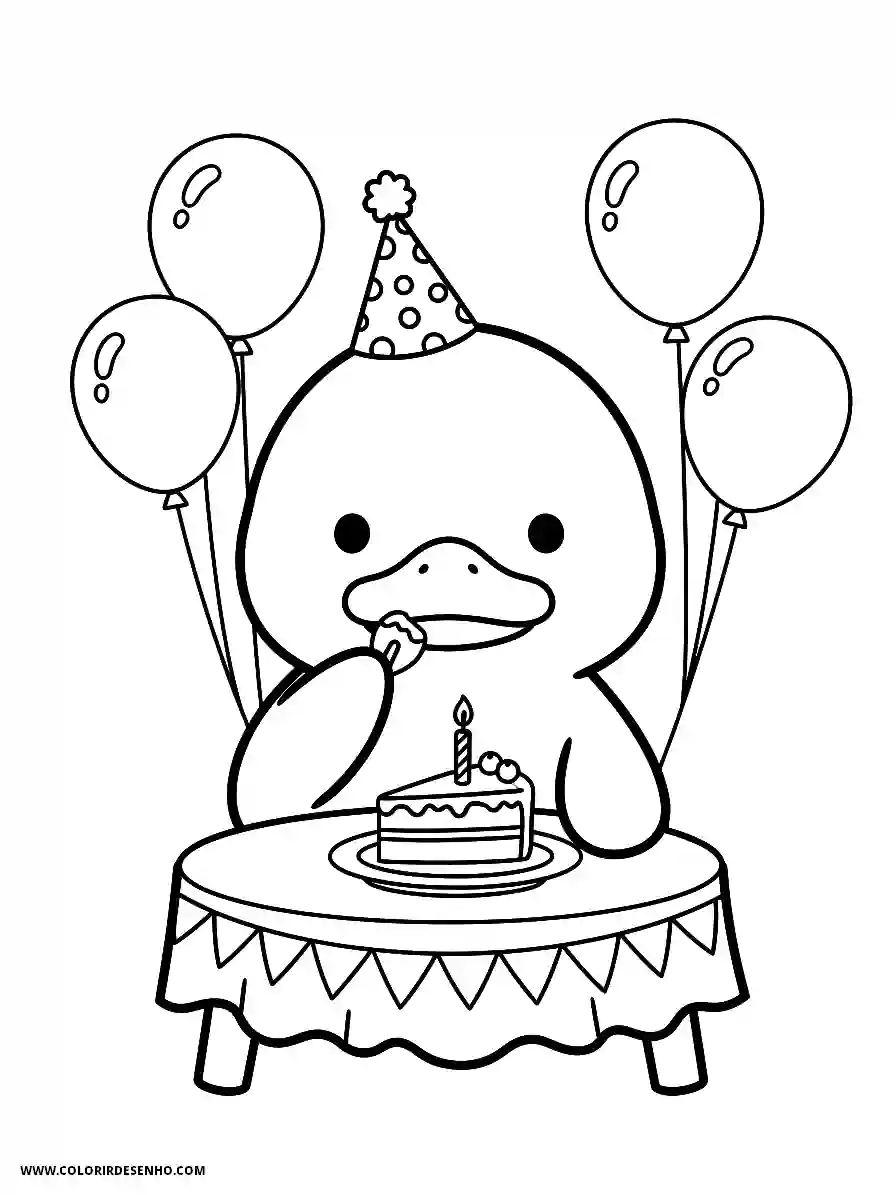 Duck Coloring Pages (179+ Free Printables) 171 Duck Kawaii Style Eating Birthday Cake at a Party Coloring Sheet