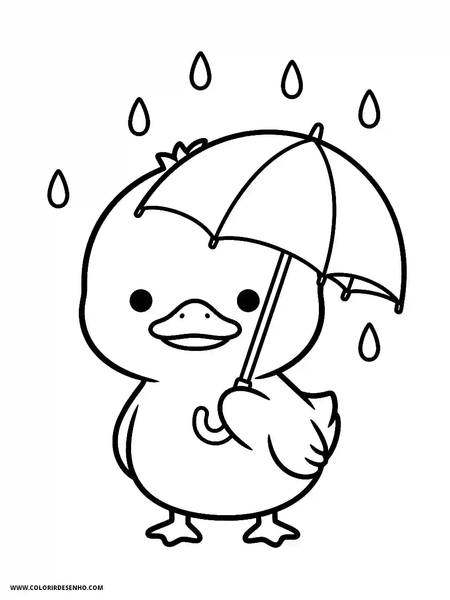 Duck Coloring Pages (179+ Free Printables) 172 Duck Kawaii Style Holding an Umbrella Under Gentle Raindrops Coloring Page Adorable
