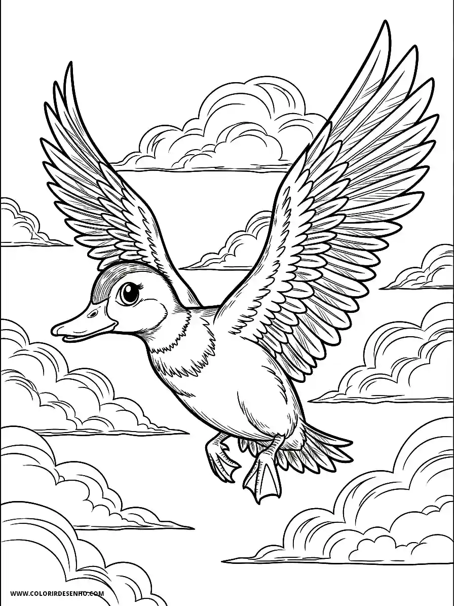 Duck Coloring Pages (179+ Free Printables) 178 Duck Manga Style Flying Through a Cloudy Sky With Wings Spread Wide Coloring Sheet