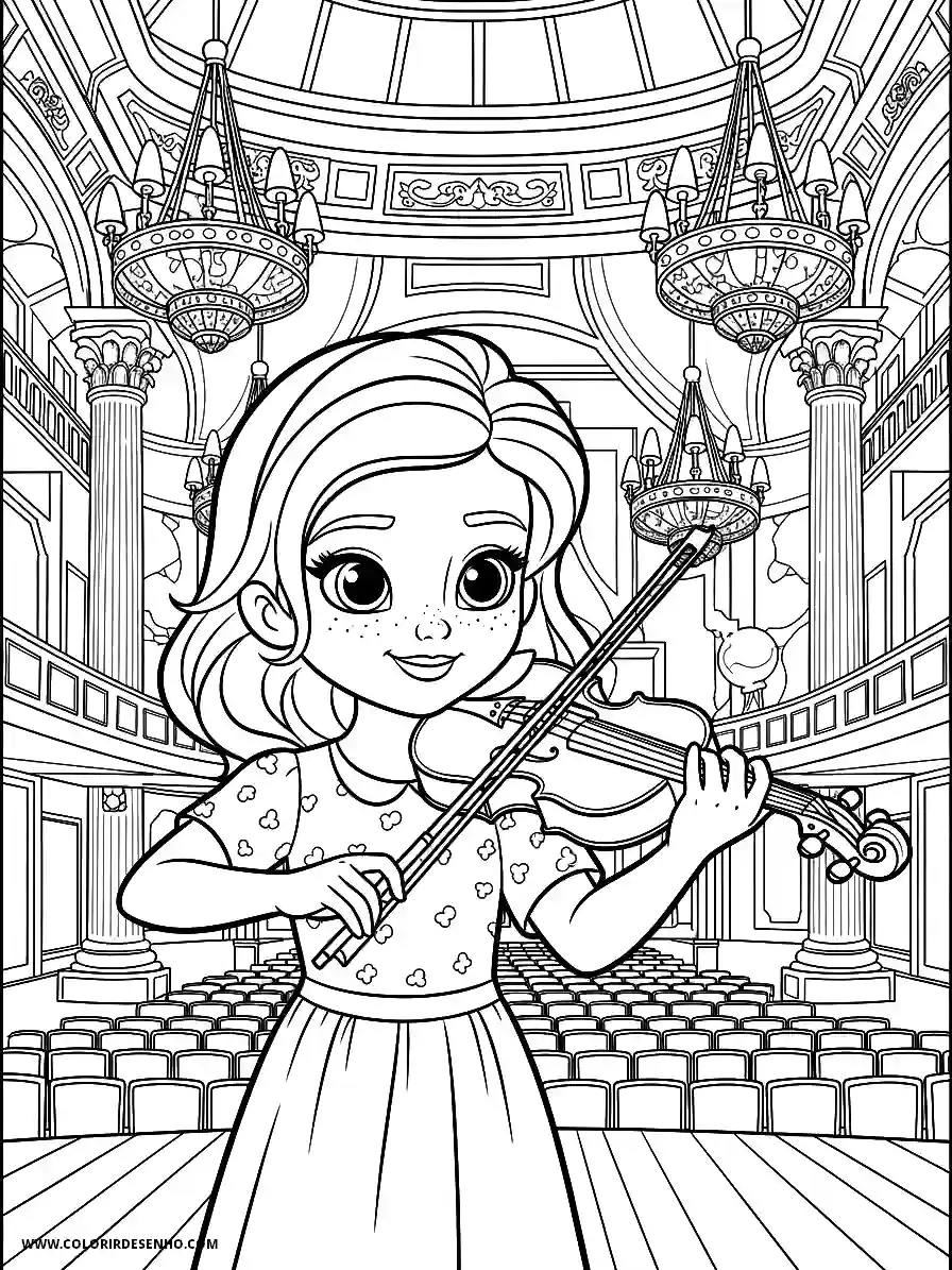 Girl animation style adorable musician performing on string instrument on stage