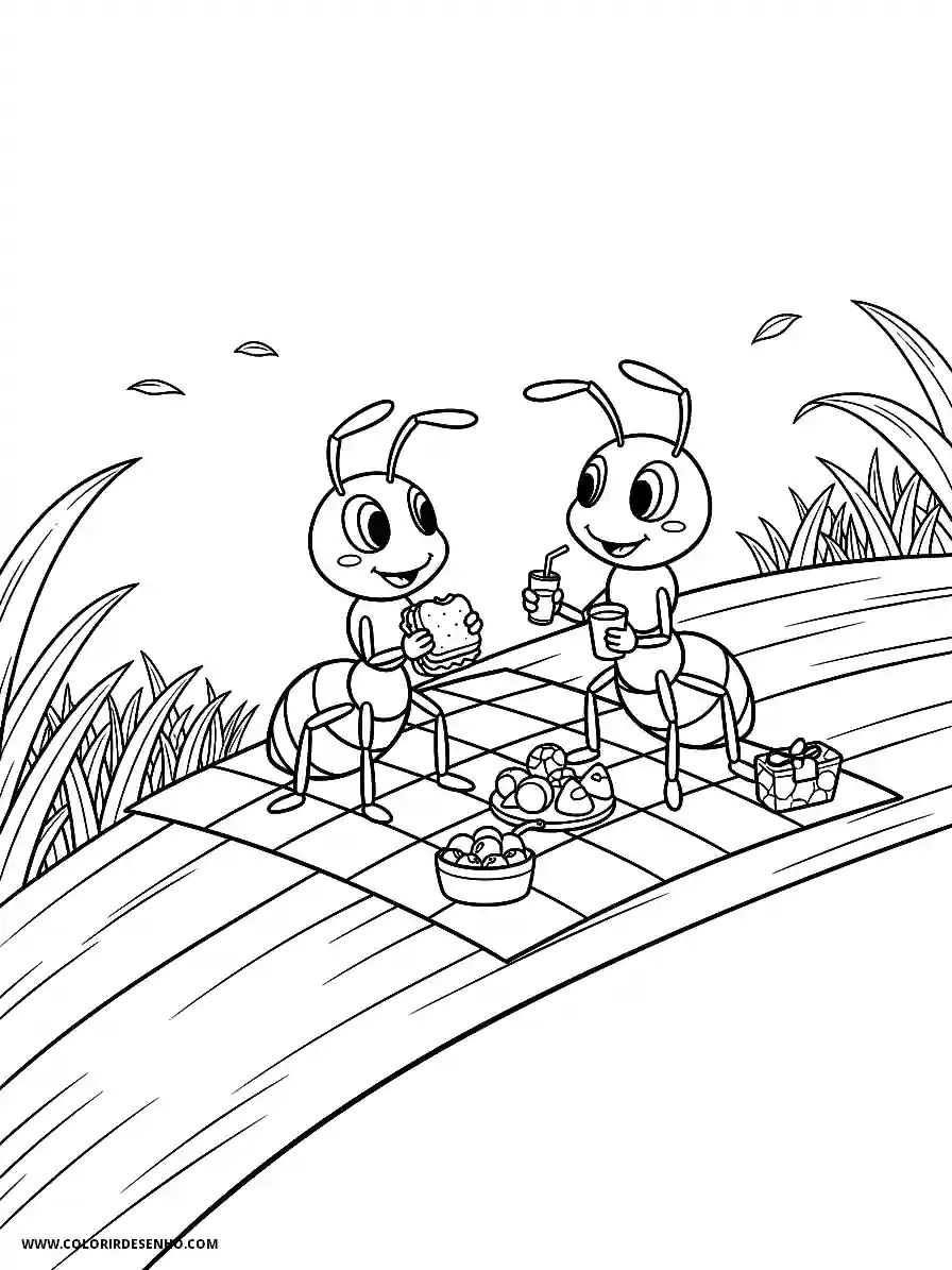 Ant Coloring Pages (136+ Free Printables) 127 Happy friendly ants manga style sharing a picnic on a grass blade