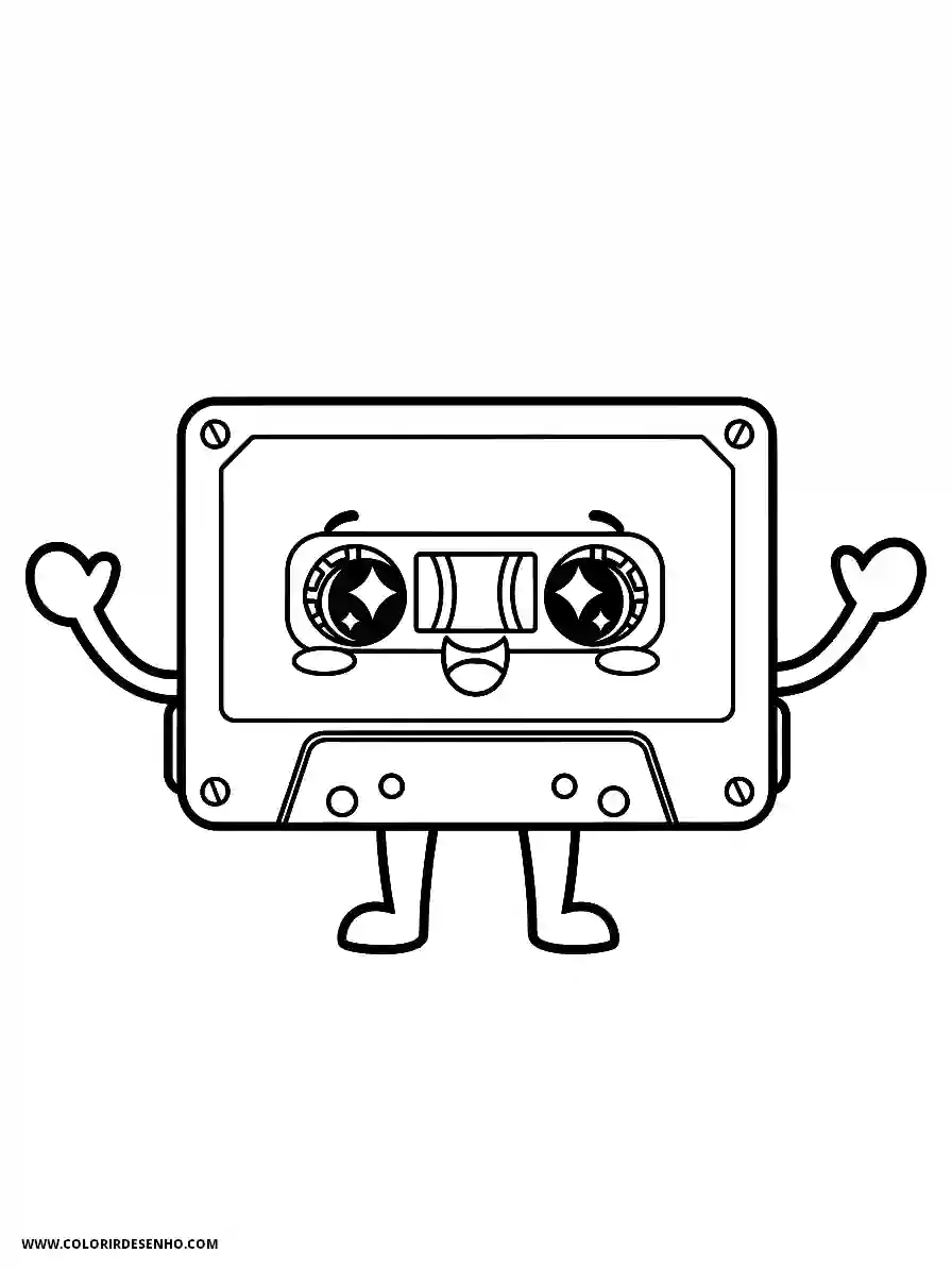 Hip Hop Kawaii Style Cute Vintage Tape Cassette With Large Glittery Eyes Coloring Page
