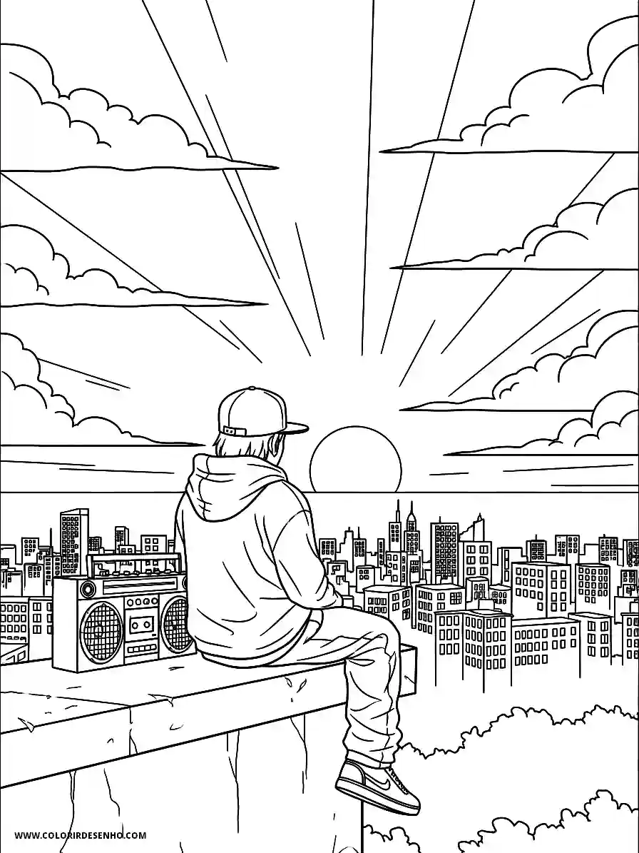 Hip Hop Coloring Pages (248+ Free Printables) 27 hip hop manga style for kids character sitting on a ledge overlooking a city skyline2034