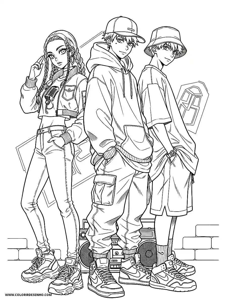 Hip Hop Coloring Pages (248+ Free Printables) 28 hip hop manga style for kids three friends posing back to back in streetwear outfits2033