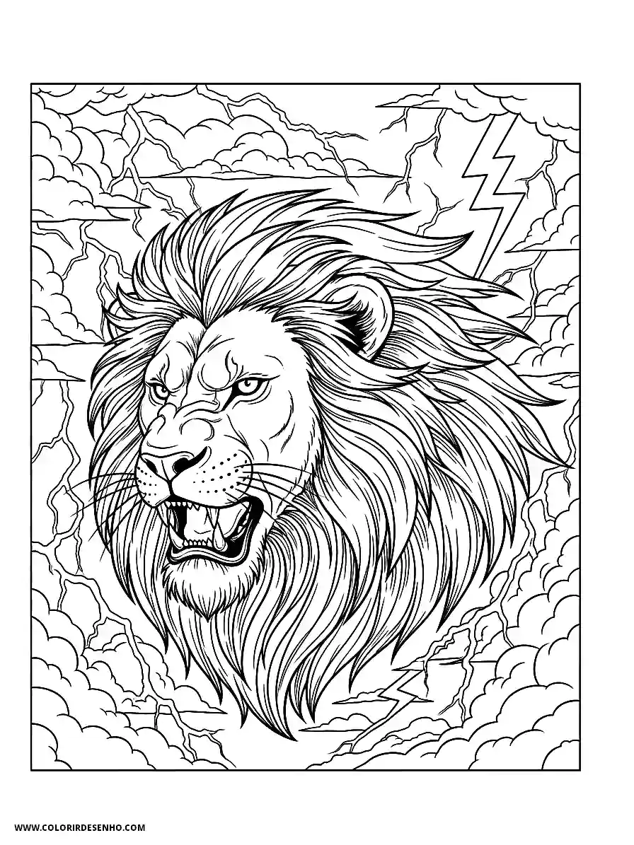 Lion Coloring Pages (259+ Free Printables) 224 Lion anime style for adults ferocious lion with blowing mane versus tempest sky