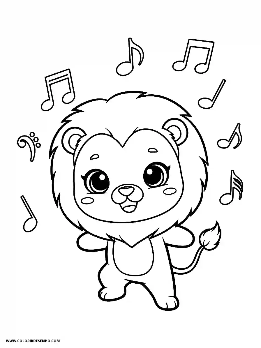 Lion Coloring Pages (259+ Free Printables) 232 Lion chibi style for kids cheerful lion dancing with musical notes around