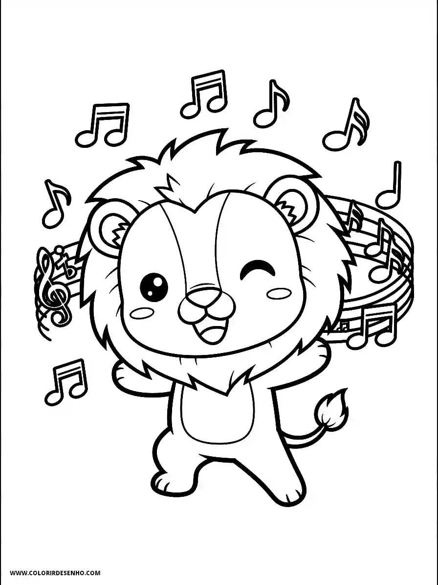 Lion Coloring Pages (259+ Free Printables) 233 Lion chibi style for kids cheerful lion dancing with musical notes around