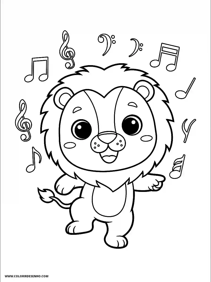 Lion Coloring Pages (259+ Free Printables) 234 Lion chibi style for kids happy lion grooving with music symbols nearby
