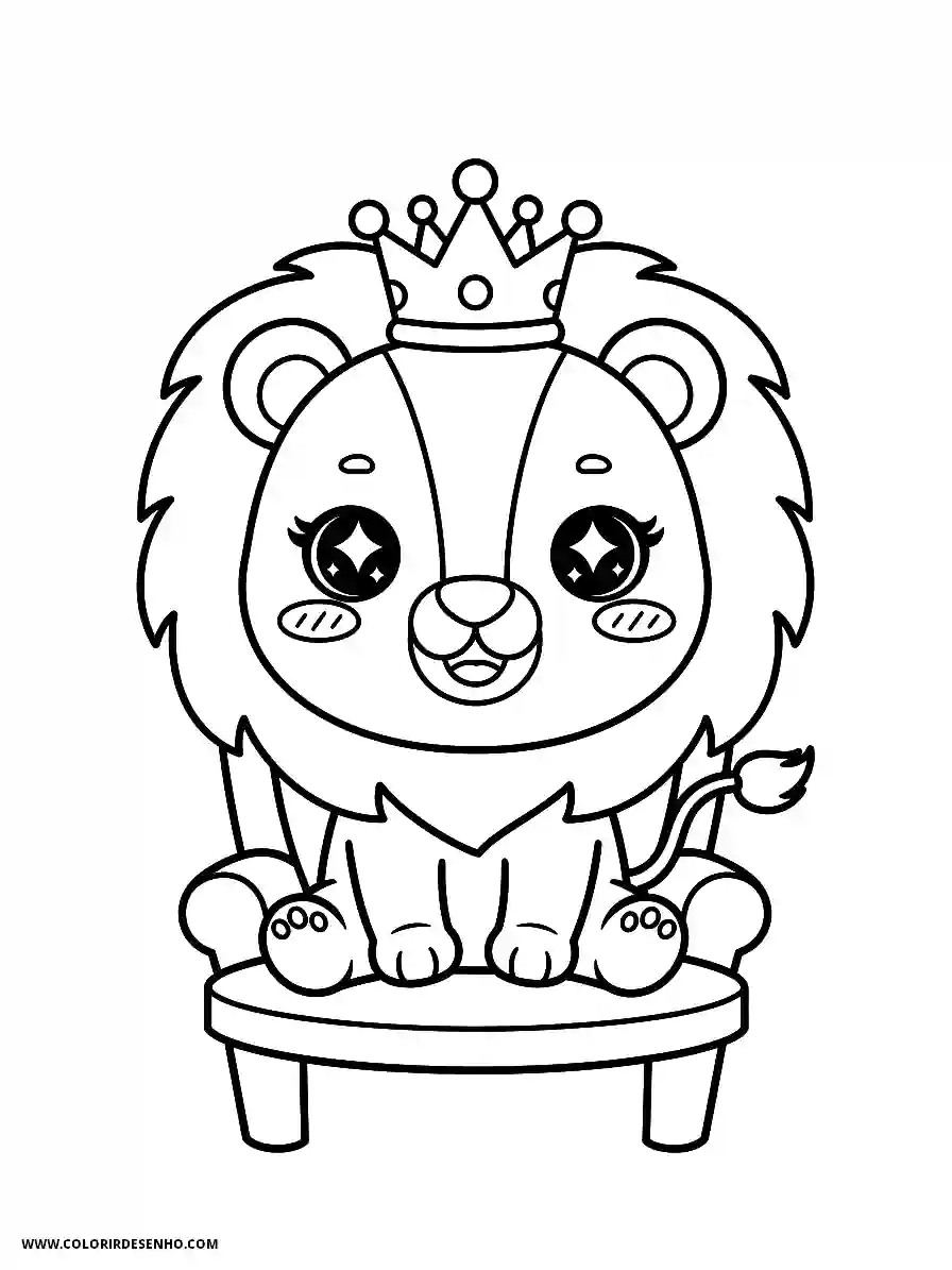 Lion Coloring Pages (259+ Free Printables) 238 Lion kawaii style adorable for kids beaming lion with crown on sovereign seat